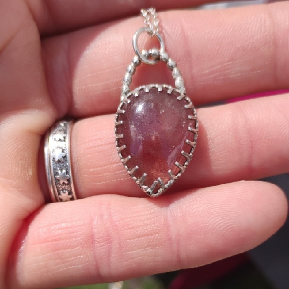 Sterling Silver and Sunstone Pendant Necklace With Hidden Alien In Back